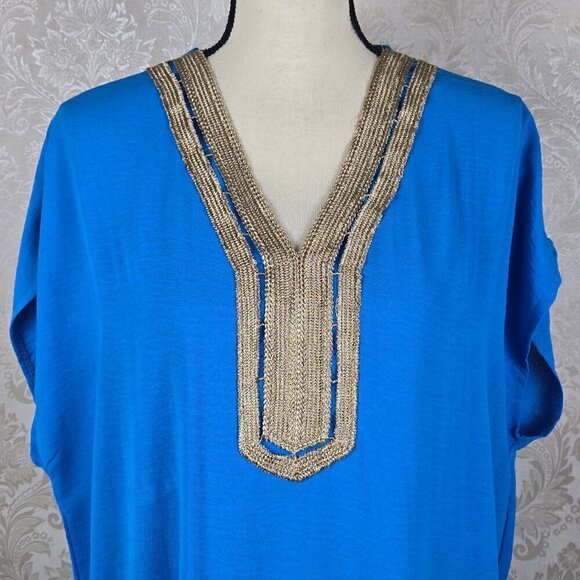 Venti6 Size 1X Lagoon Blue Caftan Gold Embroidered Applique Trim Maxi Length - Picture 2 of 10